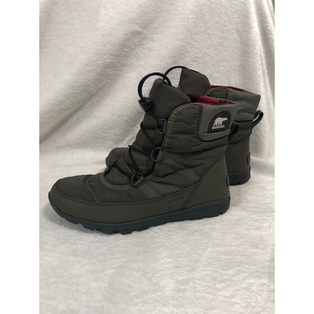 Sorel Whitney Short Lace Boots Women 9 Olive Green Waterproof Insulated Plaid